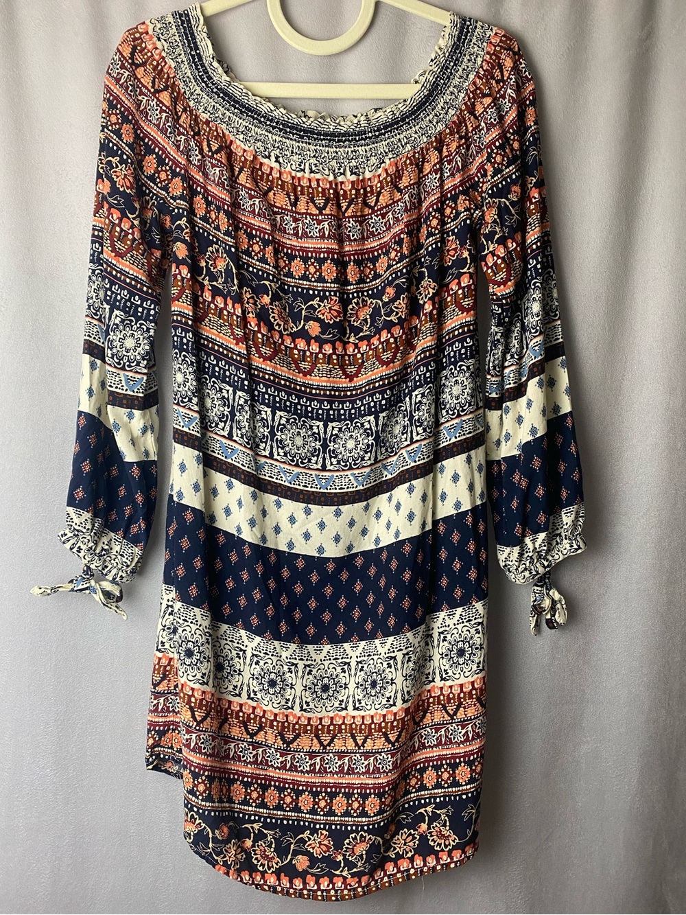 beachlunchlounge Navy Rust Patterned Boho Tribal Tunic Dress M